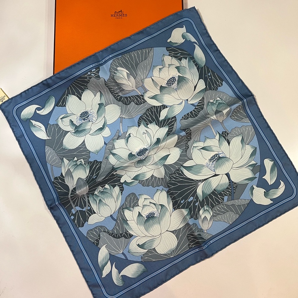 Hermes Pochette Gavroche - Fleurs de Lotus - Bleu Jean - New with Tags in Box